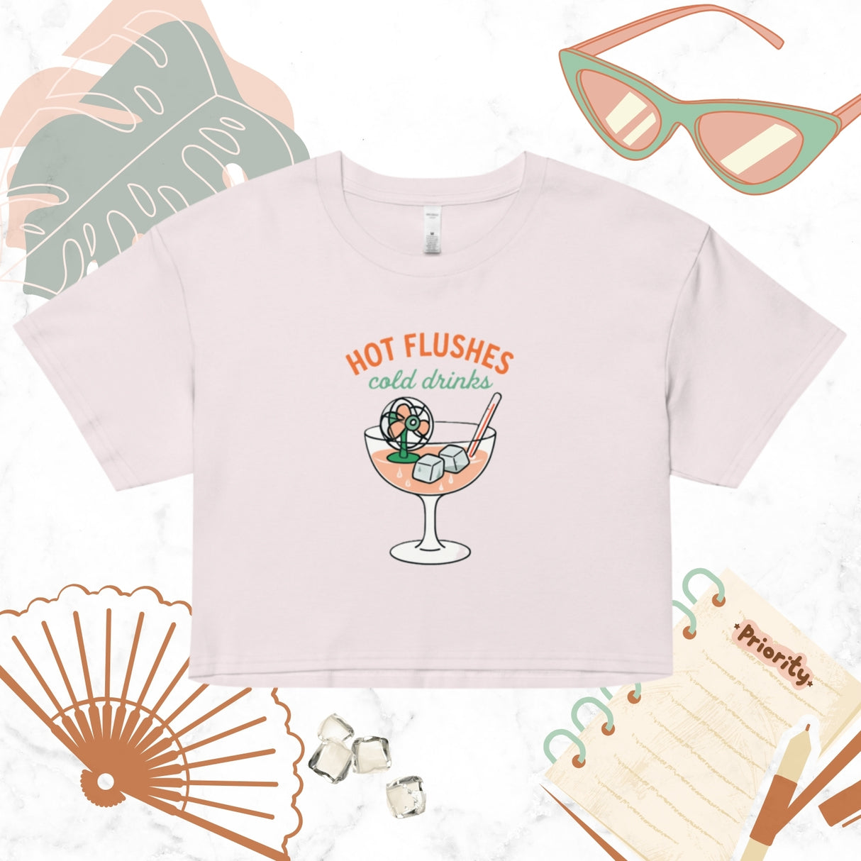 Hot Flushes, Cold Drinks Women's Pink Crop Top - For the Midlife Warrior