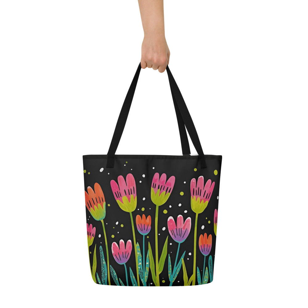 Tote bag with colorful tulip pattern on a black background