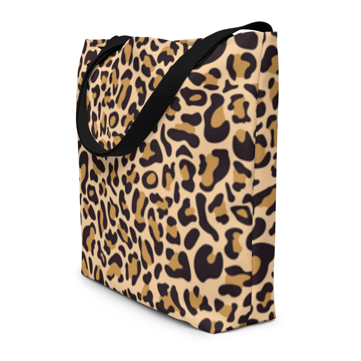 Leopard print tote bag with black handles on a white background