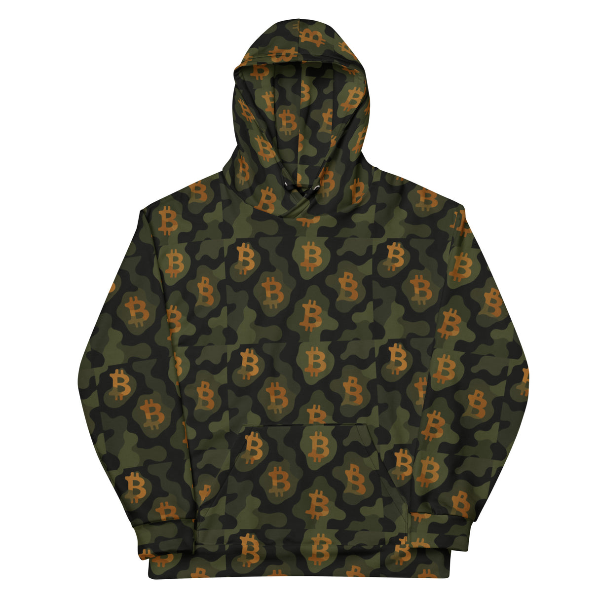 Camouflage hoodie with Bitcoin symbols on a white background