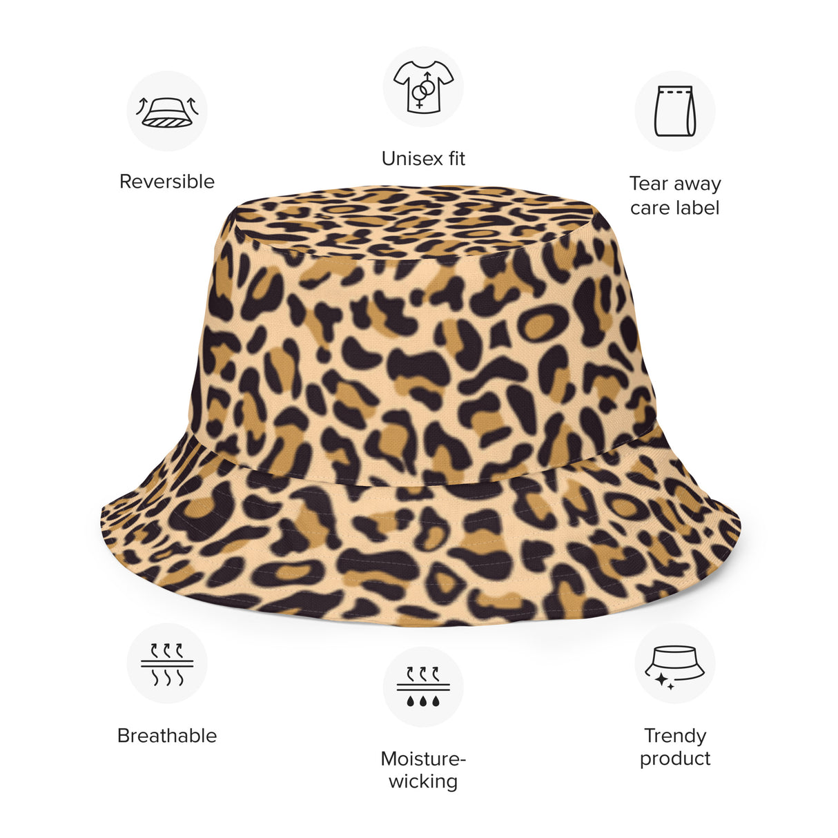 Leopard print bucket hat with feature icons on a white background