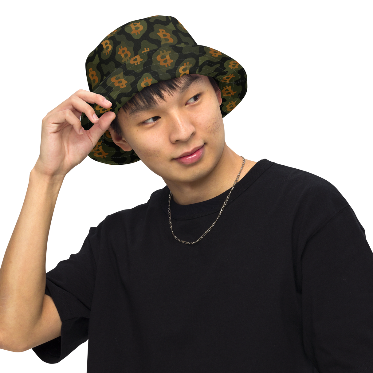 Bitcoin camo reversible bucket hat in olive, khaki and black tones, featuring an all-over Bitcoin symbol pattern.