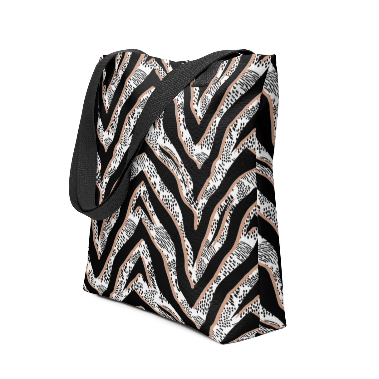 Tote bag with black and white chevron pattern on a white background