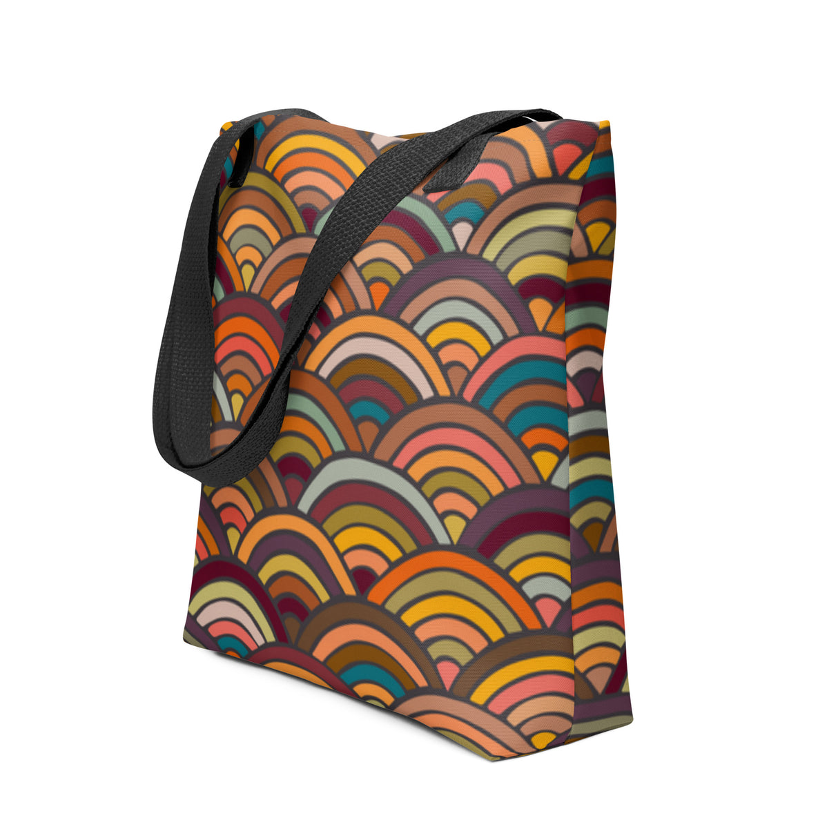Multicolored wave patterned bag with a black strap on a white background