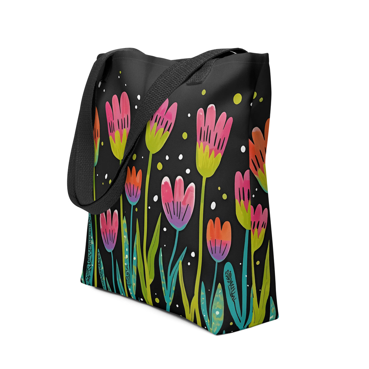 Black tote bag with colorful tulip pattern on a white background
