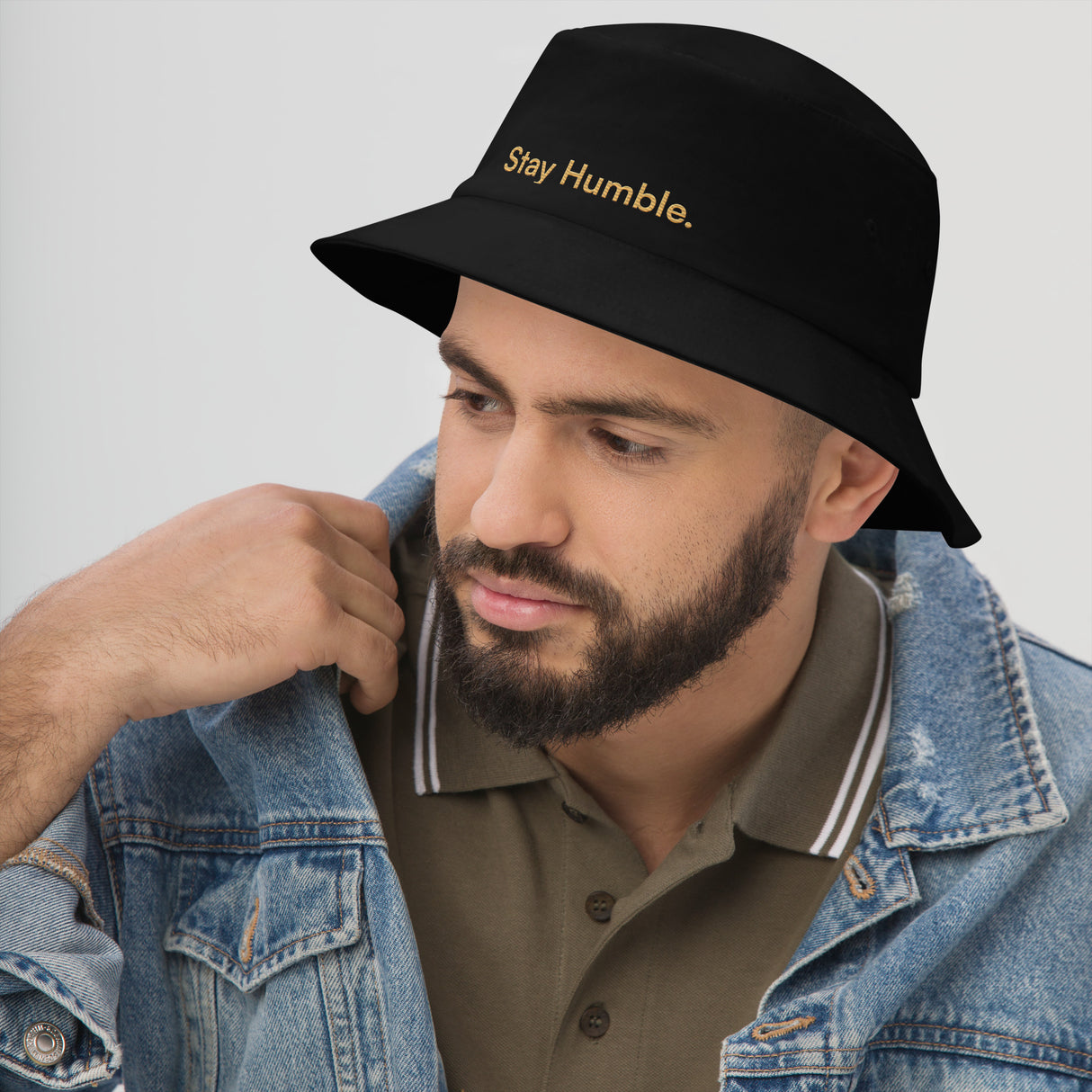 Stay Humble black cotton bucket hat with minimalist gold embroidery