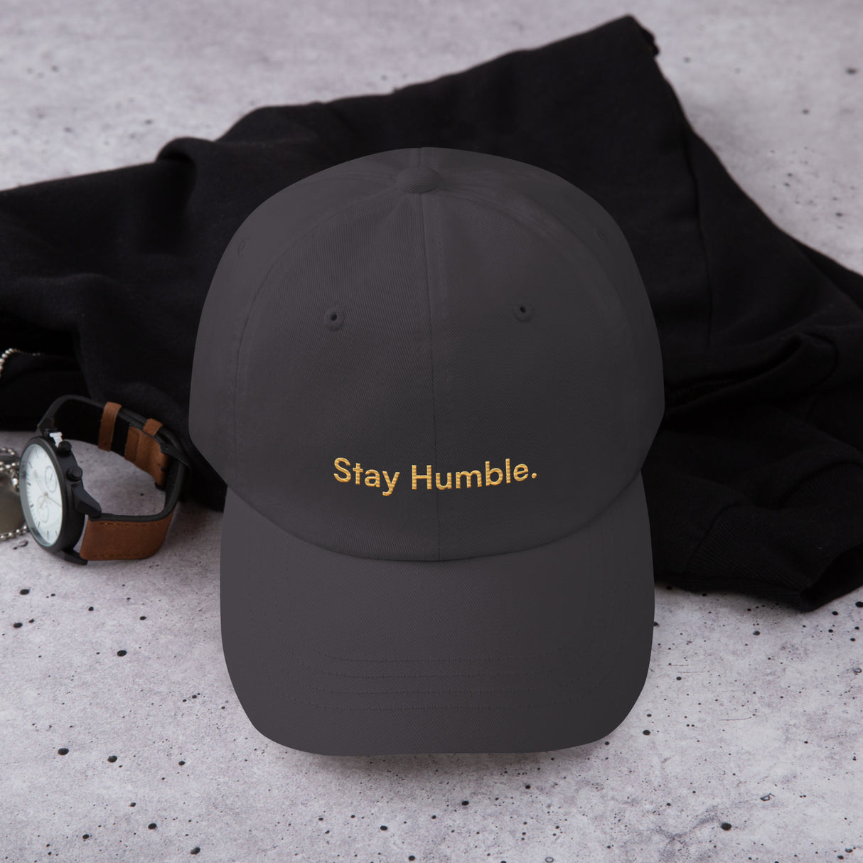 Flat lay of Stay Humble classic dad hat