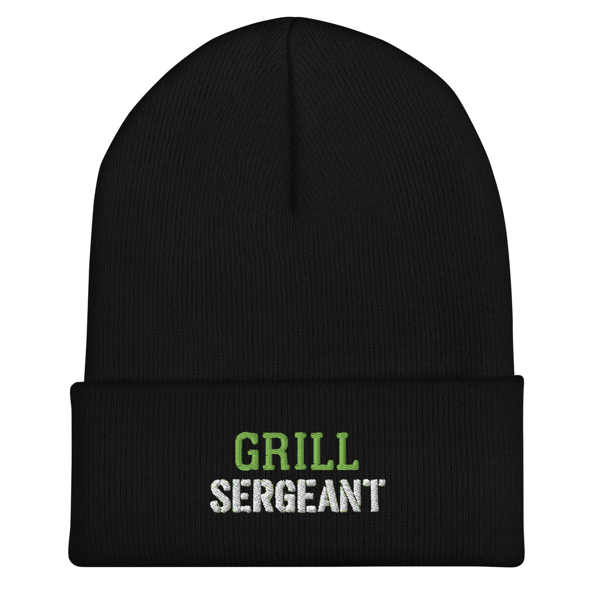Black beanie with 'GRILL SERGEANT' text on a white background