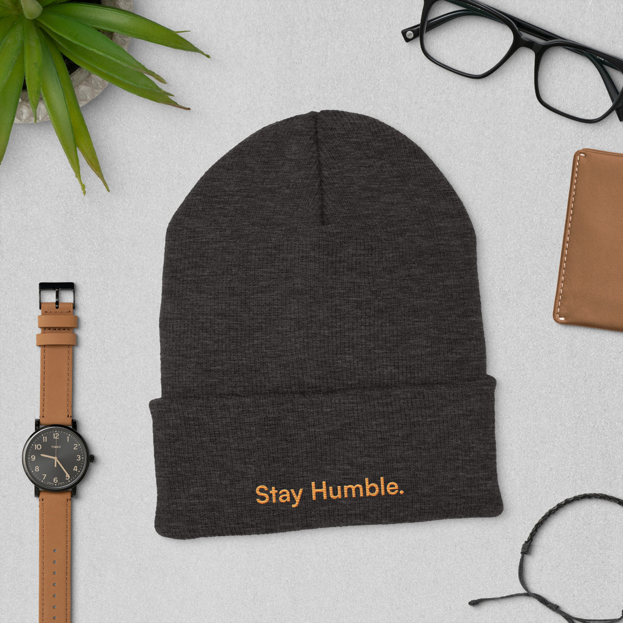 Dark grey cuffed beanie with Stay Humble embroidery