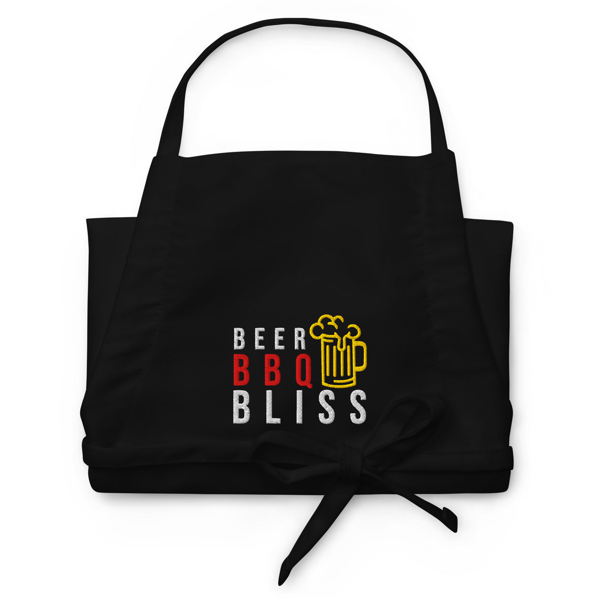 Black apron with 'Beer BBQ Bliss' text design on a white background