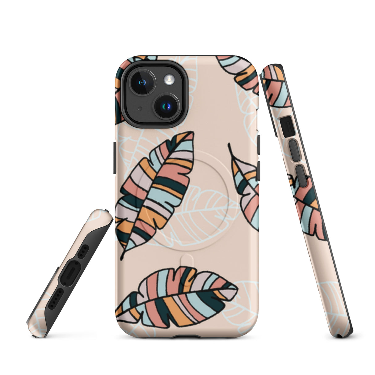 Phone case with colorful leaf design on a beige background