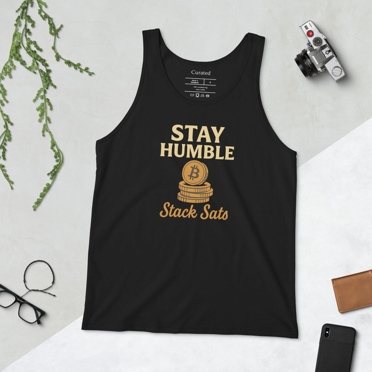 Black tank top with 'Stay Humble, Stack Sats' text and Bitcoin symbol on a black background.