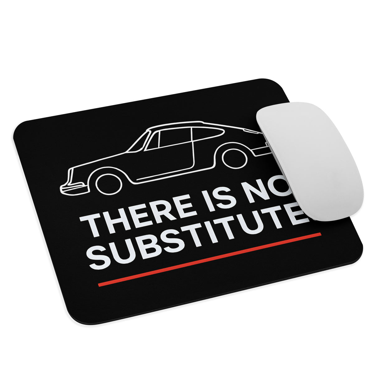 Black mouse pad featuring Porsche 911 outline and “There Is No Substitute” slogan with white text and red line