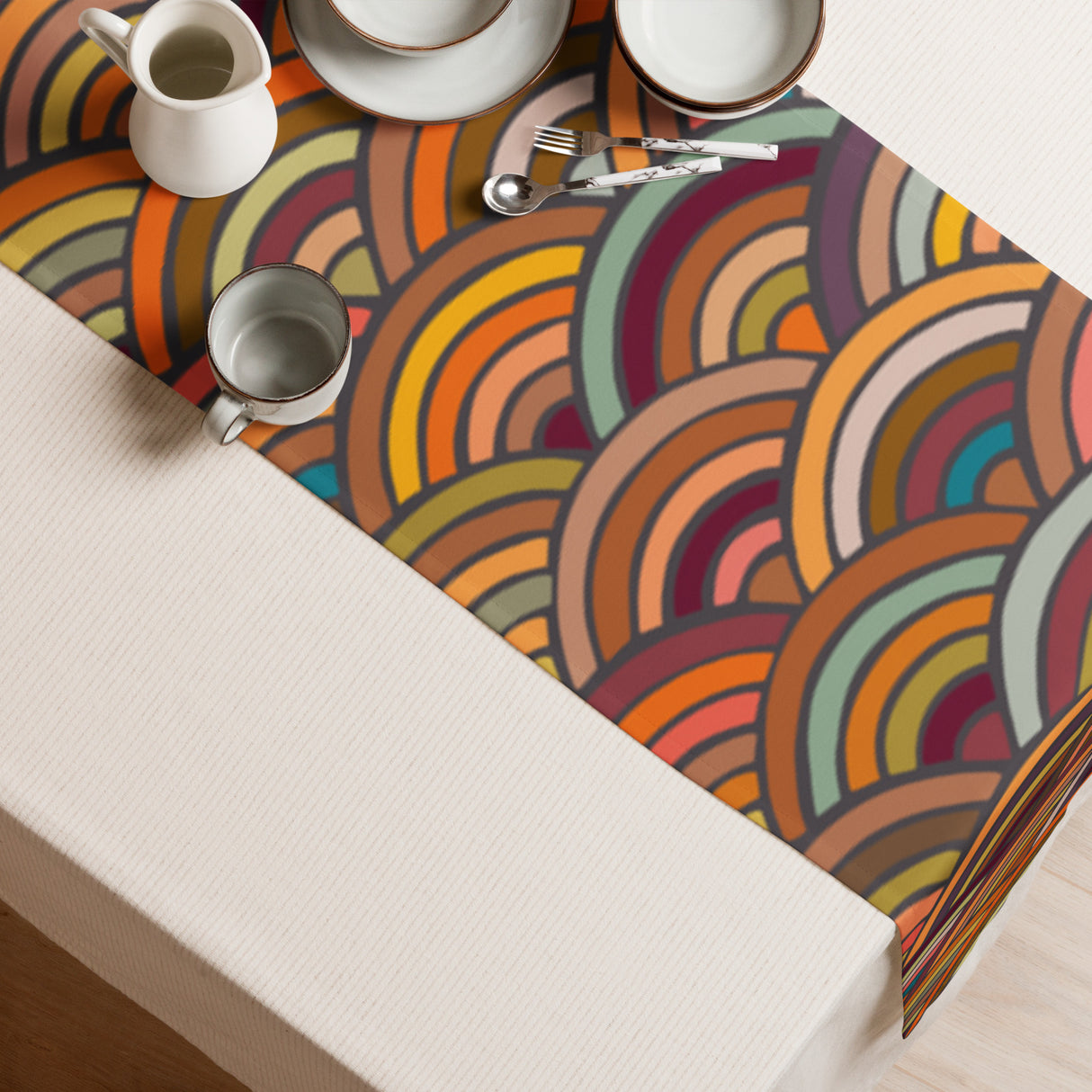 Retro Waves patterned table runner styled with tableware