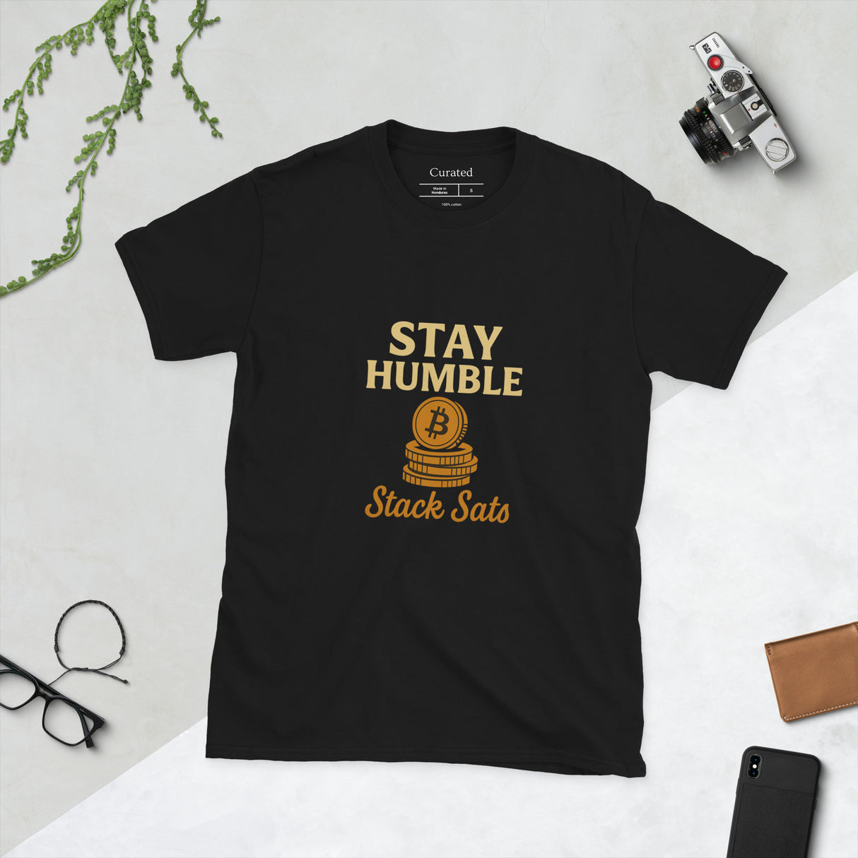 Black t-shirt with 'Stay Humble, Stack Sats' and Bitcoin illustration