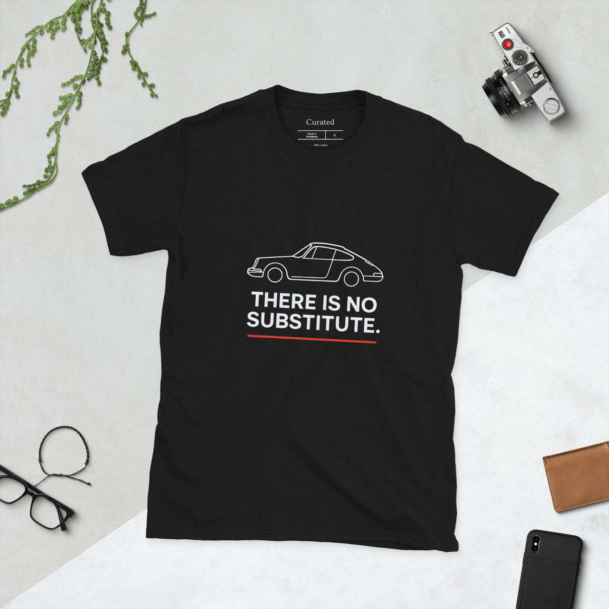Black unisex t-shirt featuring Porsche 911 silhouette with the text “There Is No Substitute.”