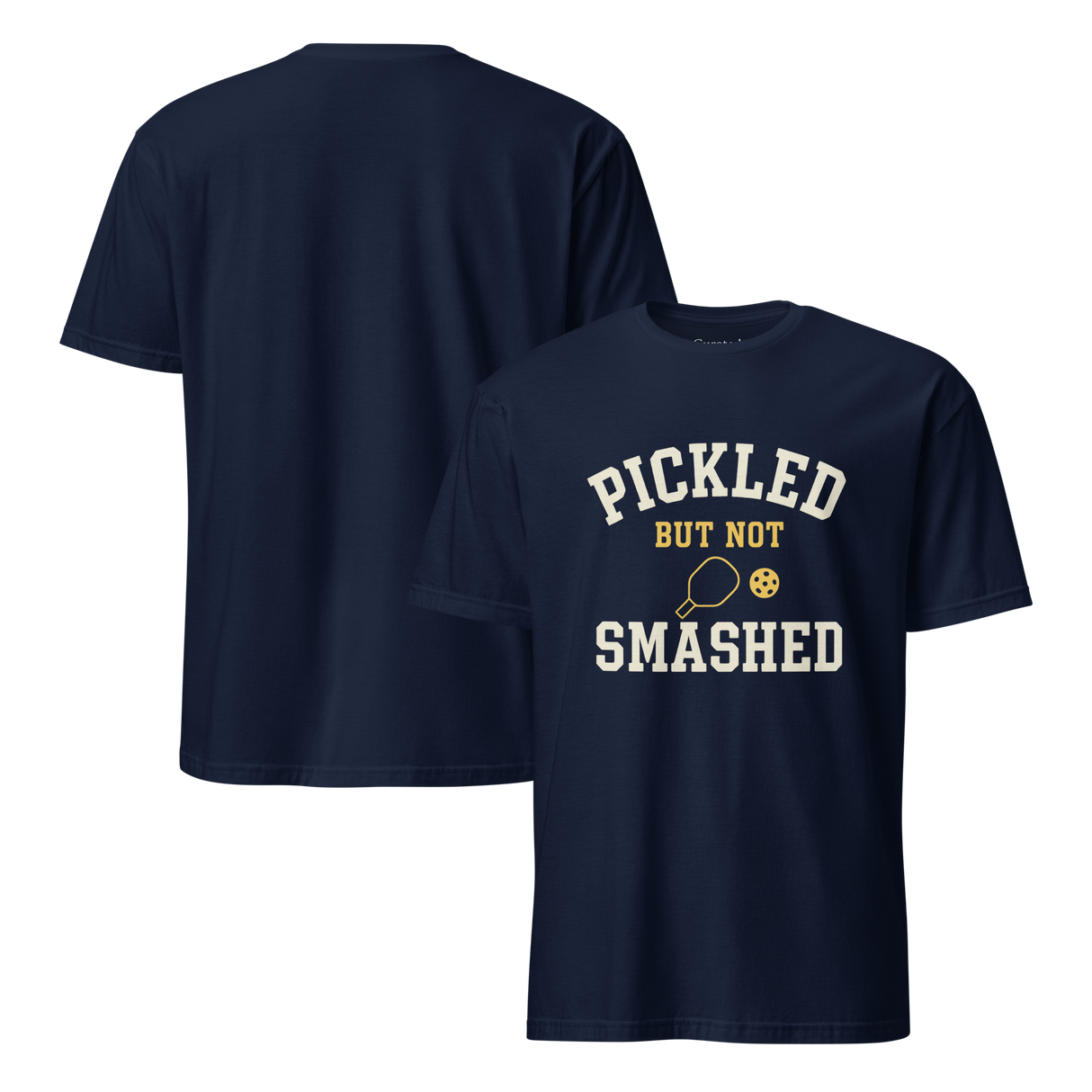 Navy blue t-shirt with 'PICKLED BUT NOT SMASHED' text and pickleball graphic on a white background