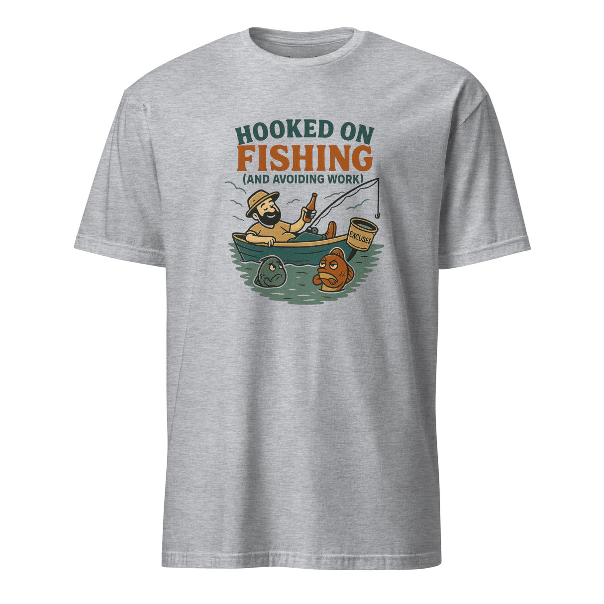 Gray t-shirt with fishing graphic and text 'Hooked on Fishing (and avoiding work)' on a white background