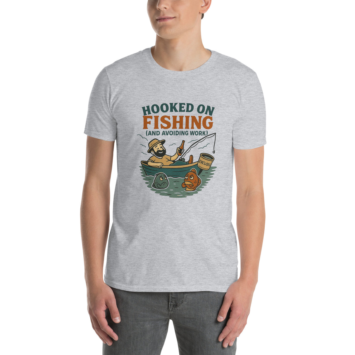 Person wearing a gray t-shirt with a fishing-themed graphic and text.