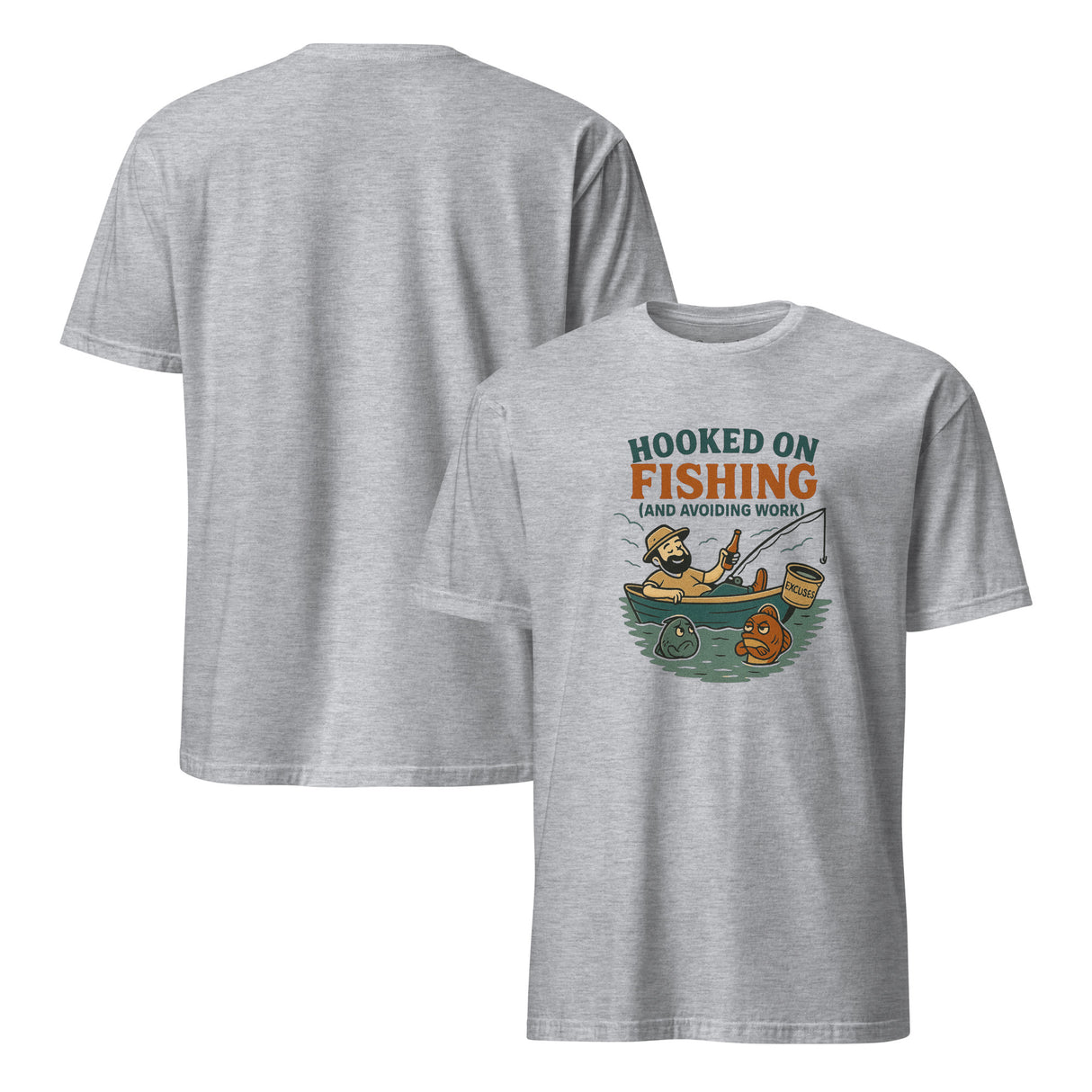 Gray t-shirt with fishing graphic and text on a white background