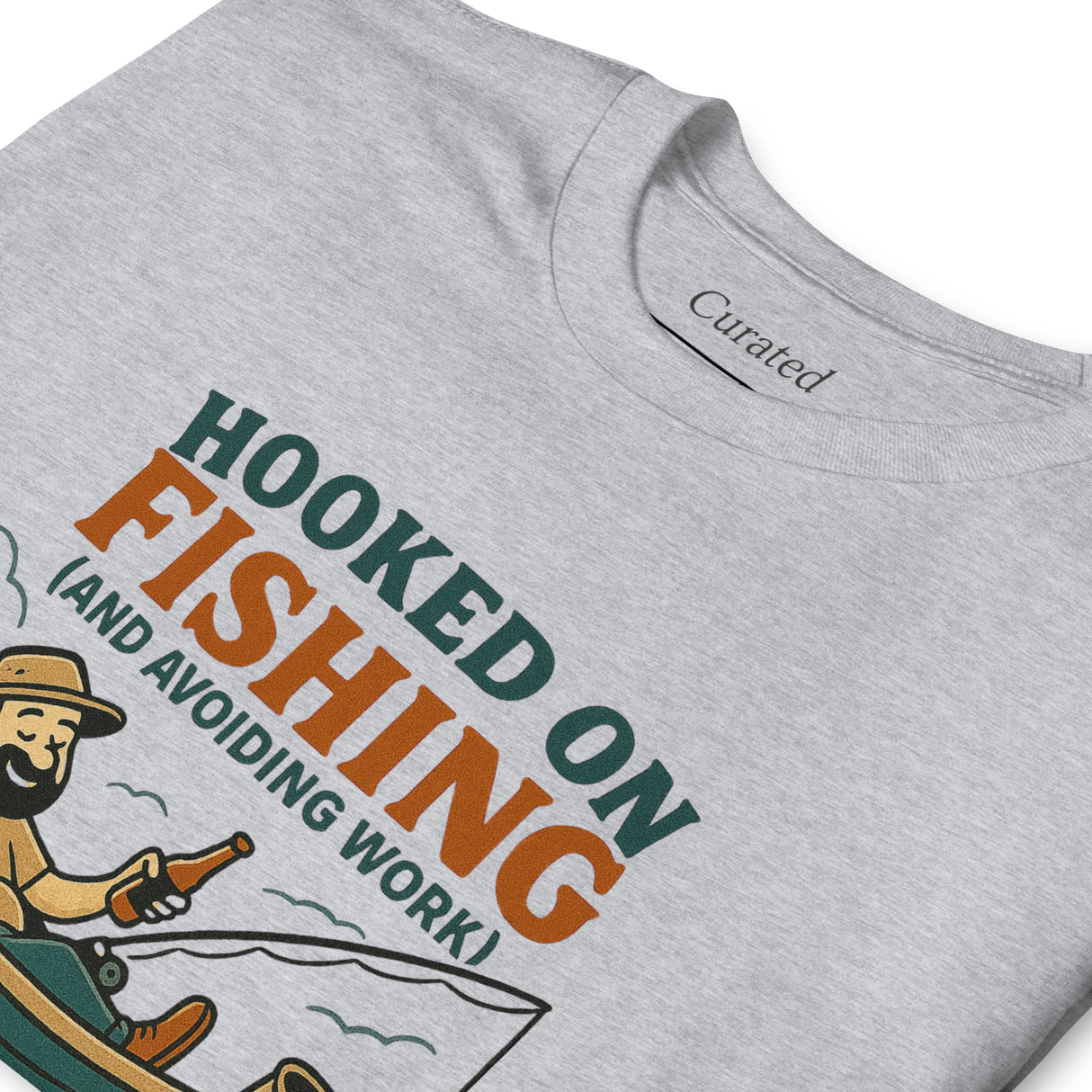 Gray t-shirt with a fishing-themed graphic and text on a white background