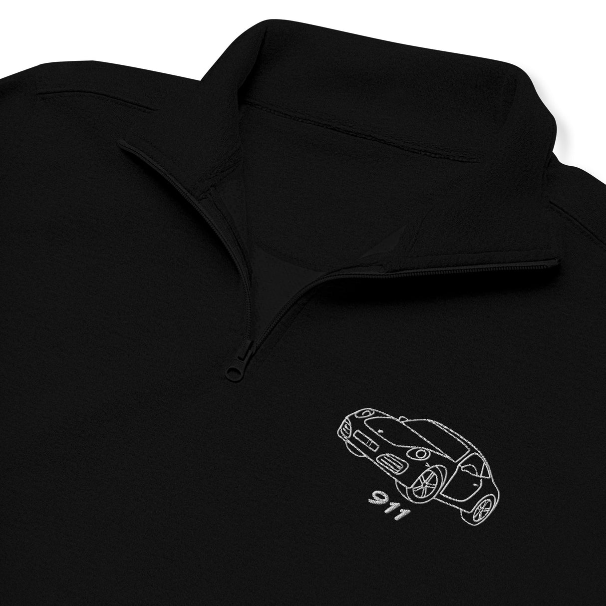 Black hoodie with a white embroidered porsche design on a black background