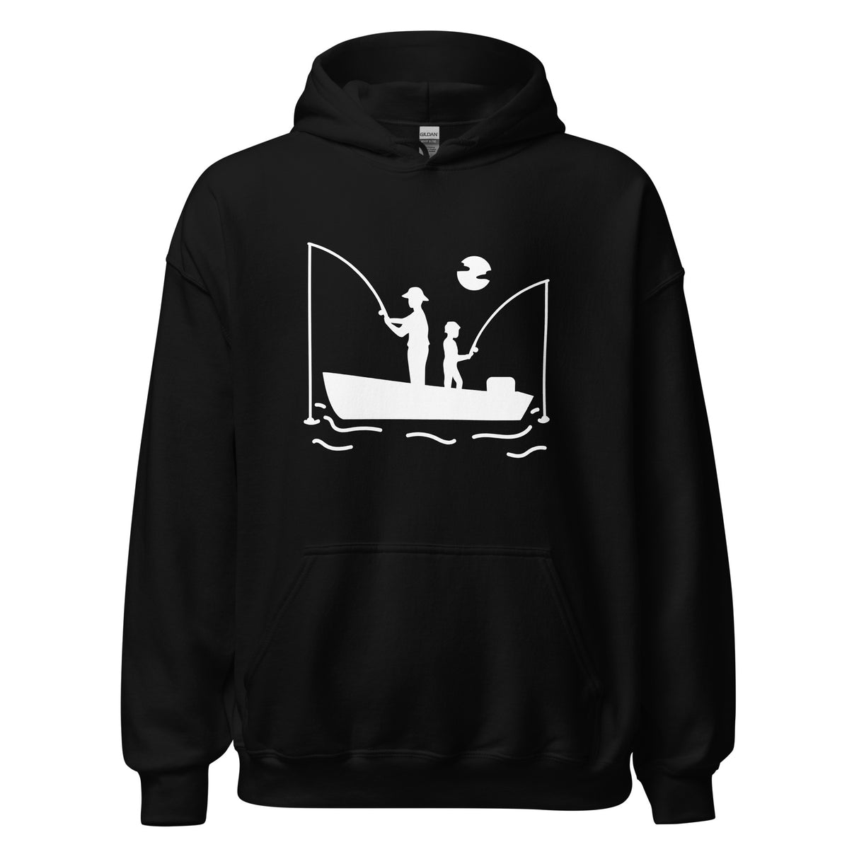 Black hoodie with white graphic of two people fishing on a boat