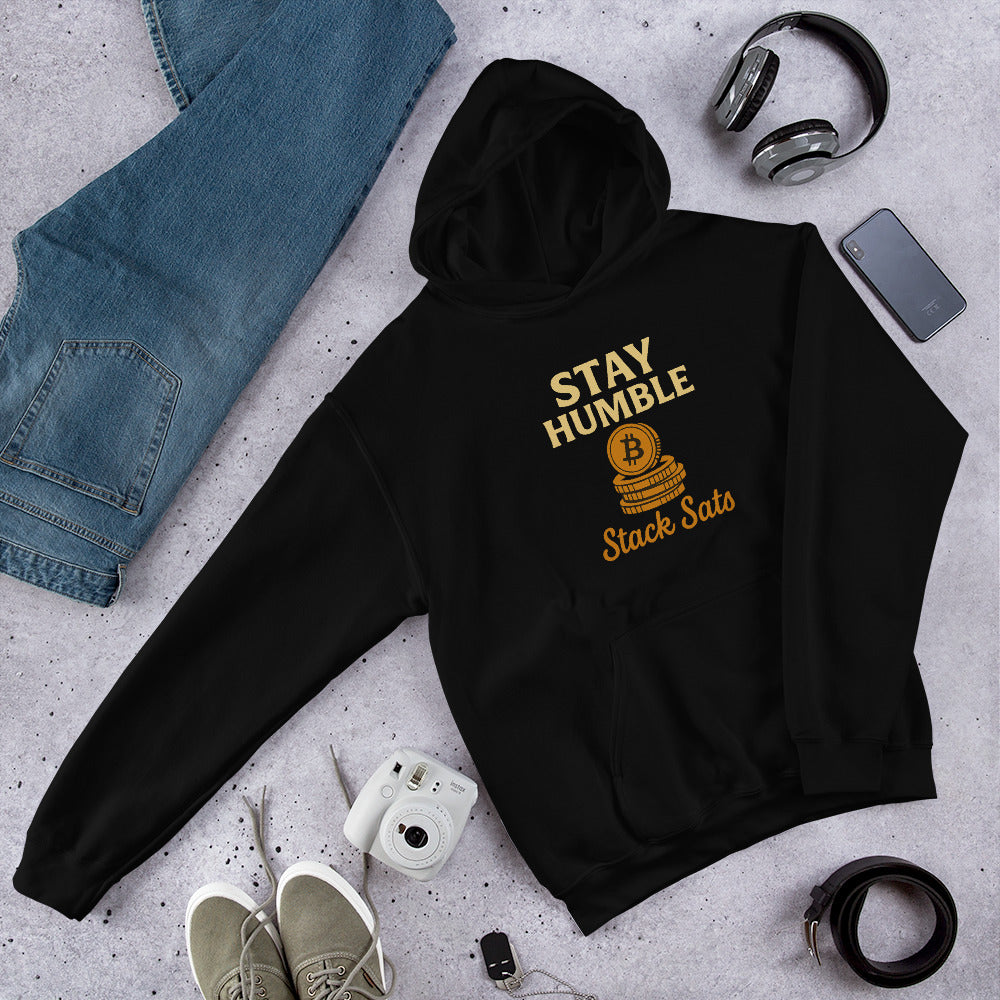Stay Humble Stack Sats embroidered black hoodie for Bitcoin enthusiasts