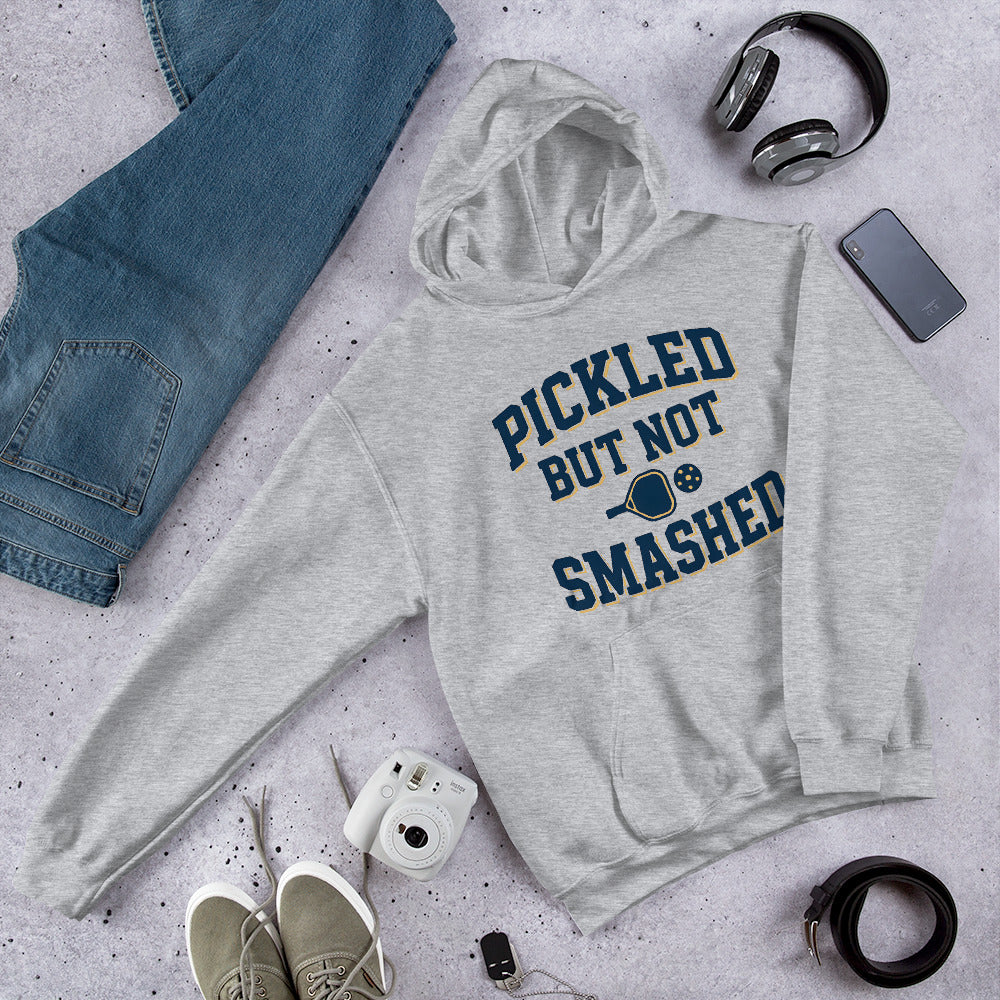 Navy hoodie with "Pickled but Not Smashed" text in vintage varsity style, ideal gift for pickleball lovers