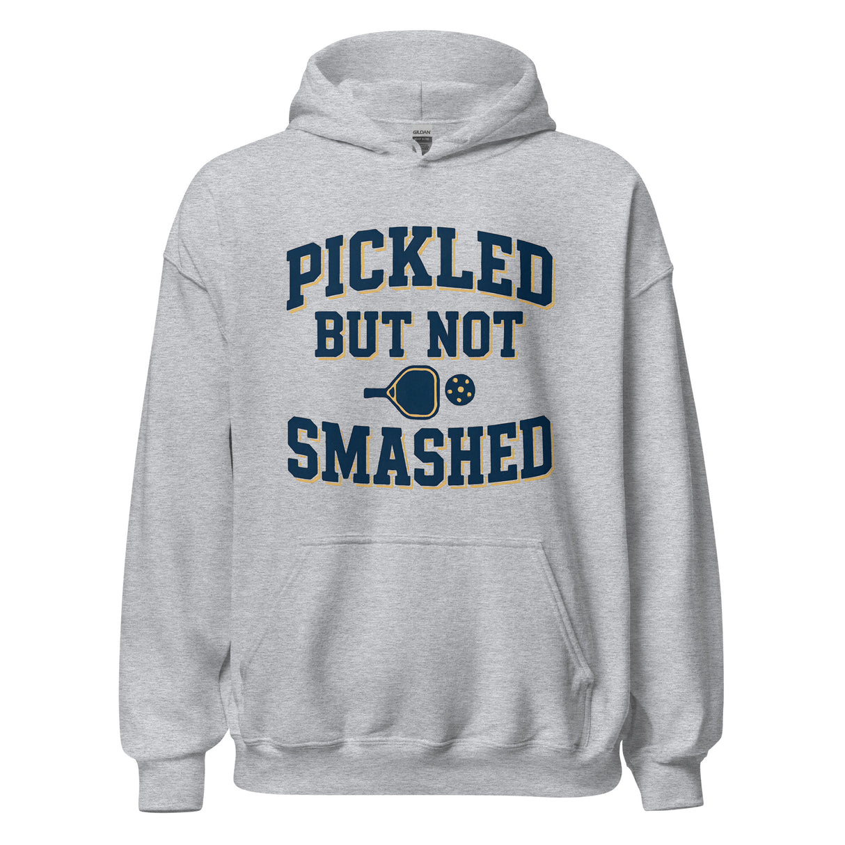 Gray hoodie with 'Pickled But Not Smashed' text and pickleball graphic on a white background