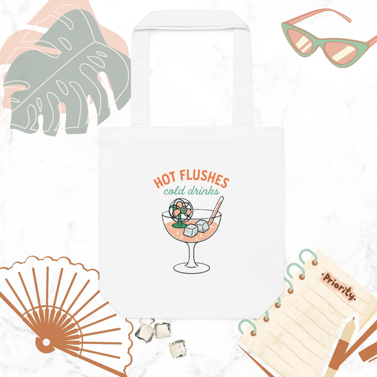 Hot Flushes, Cold Drinks Double Sided Cotton Tote Bag - For the Menopause Warrior