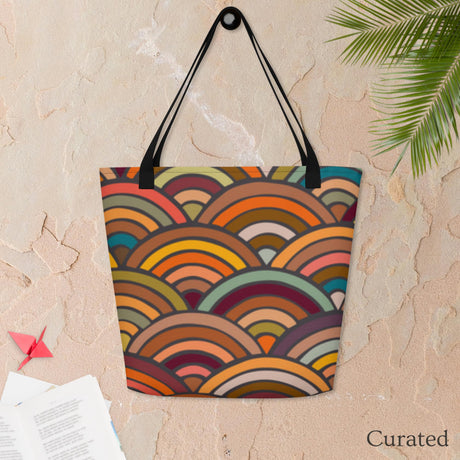 Retro Waves XL tote bag with bold, vintage-style rainbow arc pattern.
