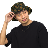 Bitcoin camo reversible bucket hat in olive, khaki and black tones, featuring an all-over Bitcoin symbol pattern.
