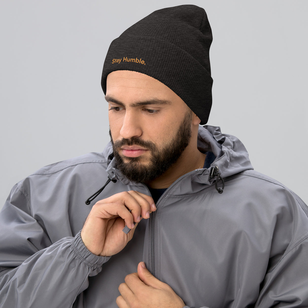 Stay Humble Embroidered Cuffed Dark Charcoal Beanie - For the Bitcoin Lover