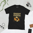 Black t-shirt with comic-style exploding clay target and text reading  "Shoot Happens"