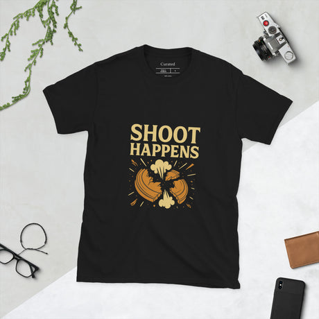 Black t-shirt with comic-style exploding clay target and text reading  "Shoot Happens"