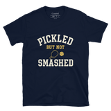 Navy blue t-shirt with 'Pickled But Not Smashed' text and pickleball graphics on a white background.