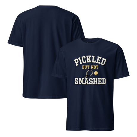 Navy blue t-shirt with 'PICKLED BUT NOT SMASHED' text and pickleball graphic on a white background