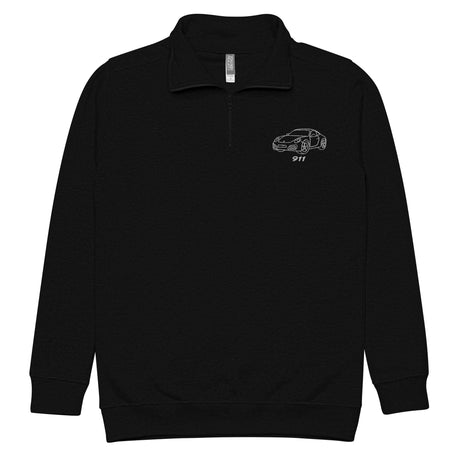 Black fleece pullover with white embroidered Porsche outline displayed flat on neutral background