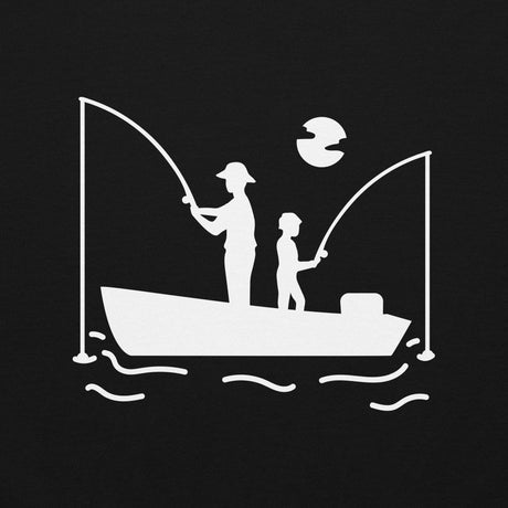 White silhouette of a man and child fishing on a boat against a black background