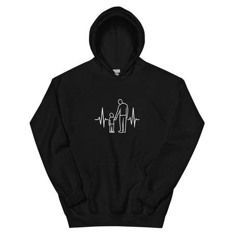 Black unisex hoodie featuring minimalist father and son heartbeat line design printed on front, displayed flat for product showcase
