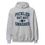 Gray hoodie with 'Pickled But Not Smashed' text and pickleball graphic on a white background